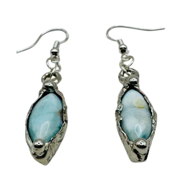 Larimar Dainty Earrings Encased In Boho Artisan Silver Bezels With 925 Hooks - Picture 3 of 13